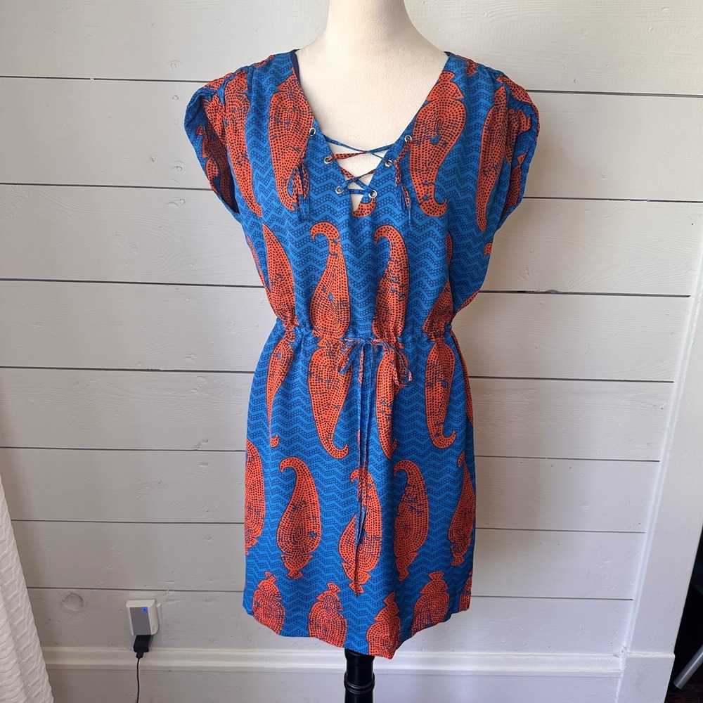 Tory Burch Lanel 100% Silk Dress 2 Blue Orange Bold Geometric Resort Preppy Boho